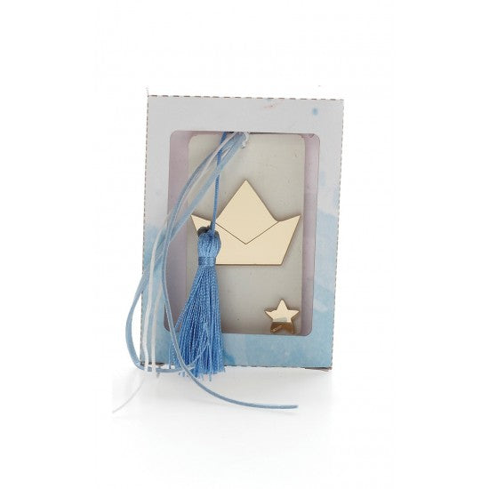 Μπομπονιέρα χάρτινό κουτάκι με αρωματική βάση και χρυσό πλεξιγκλάς μπρελόκ σχέδιο καραβάκι Model:Ι-1