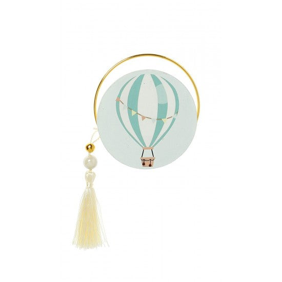 Μπομπονιέρα στρογγυλό εκτυπωμένο ξύλο και χρυσό στεφανάκι με Θέμα Αερόστατο Model:Α-1
