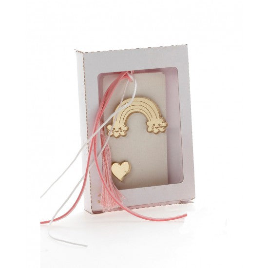 Μπομπονιέρα χάρτινό κουτάκι με αρωματική βάση και χρυσό πλεξιγκλάς μπρελόκ σχέδιο ουράνιο τόξο Model:Ι-10