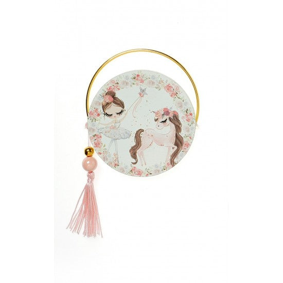 Μπομπονιέρα στρογγυλό εκτυπωμένο ξύλο και χρυσό στεφανάκι με Θέμα μπαλαρίνα Model:Α-10