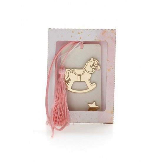 Μπομπονιέρα χάρτινό κουτάκι με αρωματική βάση και χρυσό πλεξιγκλάς μπρελόκ σχέδιο κουνιστό αλογάκι Model:Ι-11