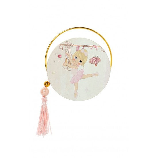 Μπομπονιέρα στρογγυλό εκτυπωμένο ξύλο και χρυσό στεφανάκι με Θέμα μπαλαρίνα Model:Α-11