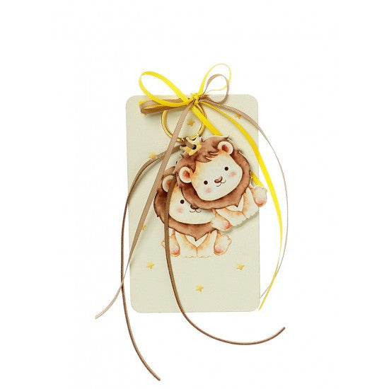 Μπομπονιέρα με ξύλινη πλάτη και μπρελόκ με σχέδιο λιονταράκι Model:Η-12