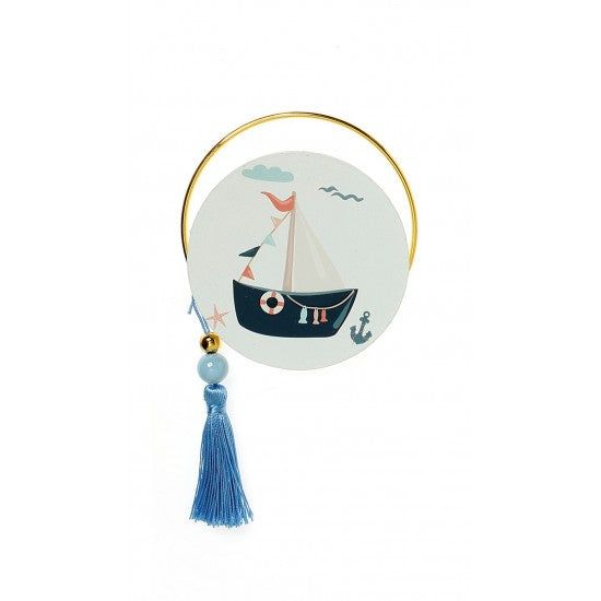 Μπομπονιέρα στρογγυλό εκτυπωμένο ξύλο και χρυσό στεφανάκι με Θέμα καραβάκι Model:Α-12