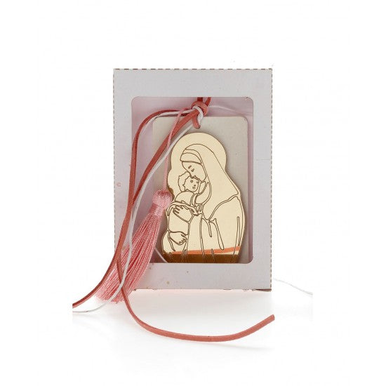 Μπομπονιέρα χάρτινό κουτάκι με αρωματική βάση και χρυσό πλεξιγκλάς μπρελόκ σχέδιο παναγίτσα Model:Ι-14