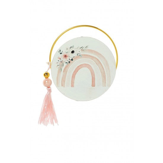 Μπομπονιέρα στρογγυλό εκτυπωμένο ξύλο και χρυσό στεφανάκι με Θέμα ουράνιο τόξο Model:Α-15