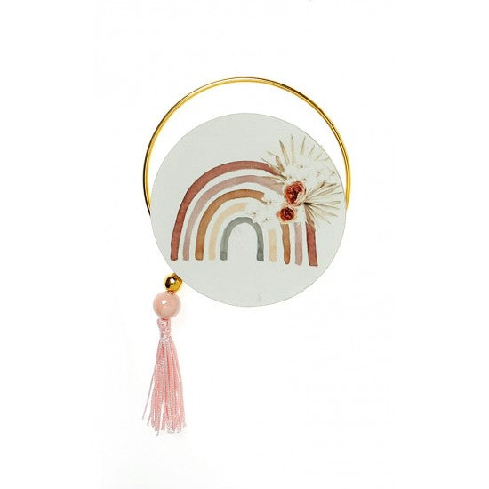 Μπομπονιέρα στρογγυλό εκτυπωμένο ξύλο και χρυσό στεφανάκι με Θέμα ουράνιο τόξο Model:Α-16