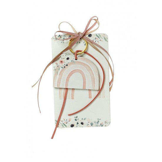 Μπομπονιέρα με ξύλινη πλάτη και μπρελόκ με σχέδιο ουράνιο τόξο Model:Η-17