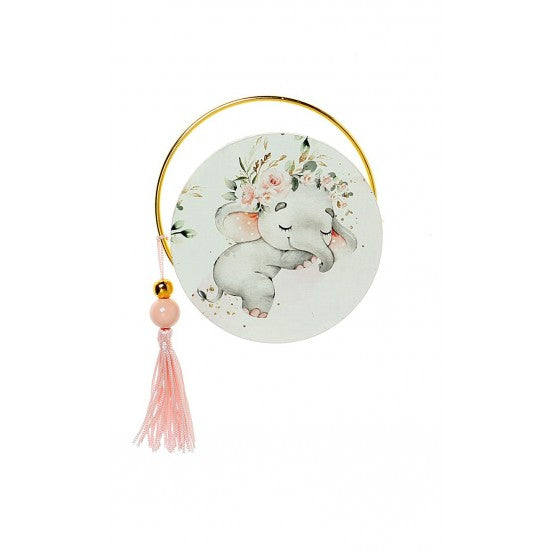 Μπομπονιέρα στρογγυλό εκτυπωμένο ξύλο και χρυσό στεφανάκι με Θέμα ελεφαντάκι Model:Α-17