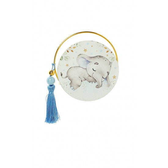 Μπομπονιέρα στρογγυλό εκτυπωμένο ξύλο και χρυσό στεφανάκι με Θέμα ελεφαντάκι Model:Α-18
