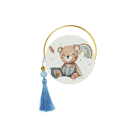 Μπομπονιέρα στρογγυλό εκτυπωμένο ξύλο και χρυσό στεφανάκι με Θέμα Αρκουδάκι Model:Α-19