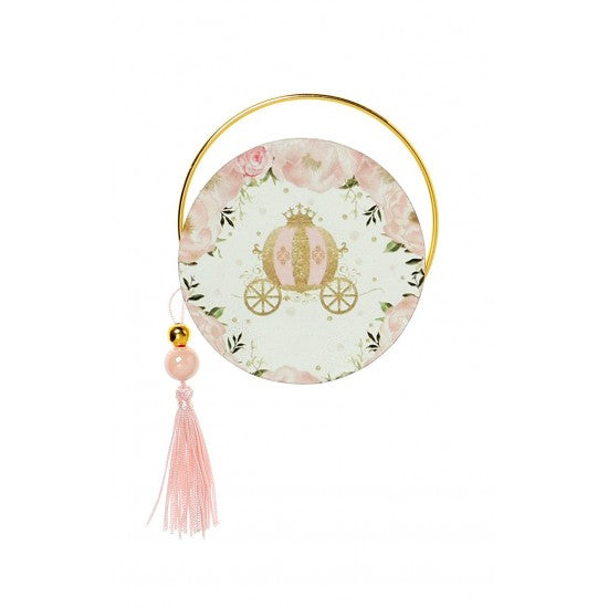 Μπομπονιέρα στρογγυλό εκτυπωμένο ξύλο και χρυσό στεφανάκι με Θέμα άμαξα Model:Α-2