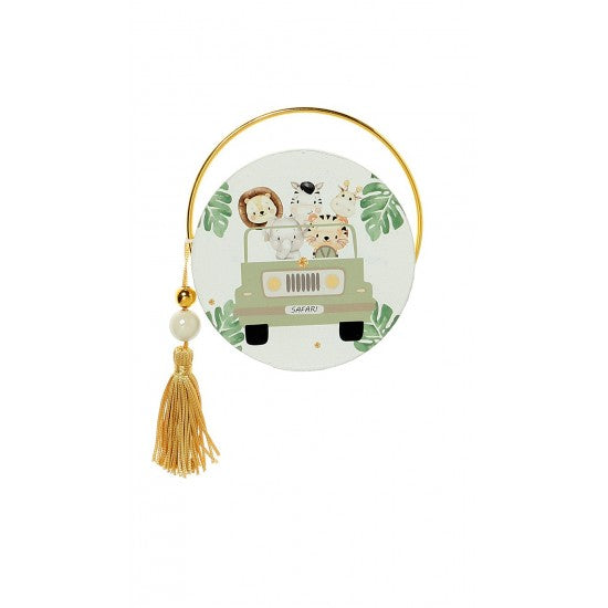 Μπομπονιέρα στρογγυλό εκτυπωμένο ξύλο και χρυσό στεφανάκι με Θέμα ζωάκια σαφάρι Model:Α-21