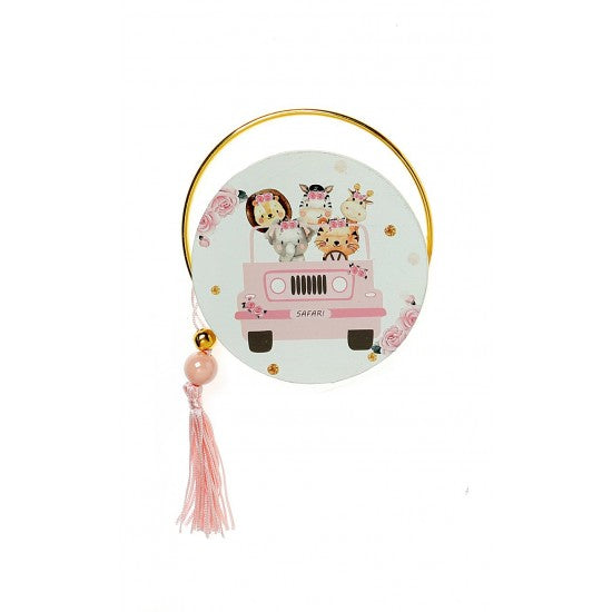 Μπομπονιέρα στρογγυλό εκτυπωμένο ξύλο και χρυσό στεφανάκι με Θέμα ζωάκια σαφάρι Model:Α-22