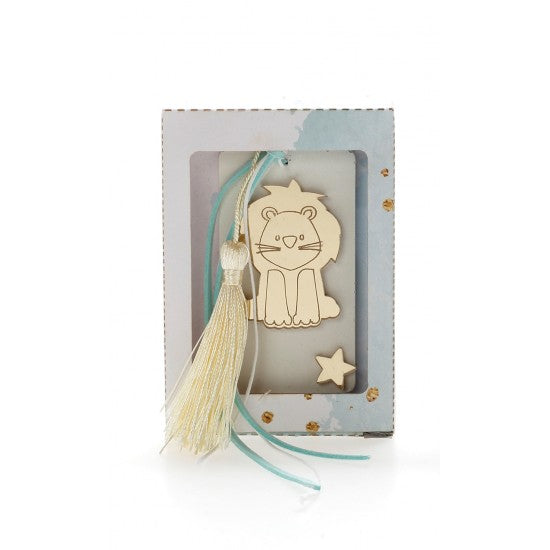 Μπομπονιέρα χάρτινό κουτάκι με αρωματική βάση και χρυσό πλεξιγκλάς μπρελόκ σχέδιο λιονταράκι Model:Ι-3