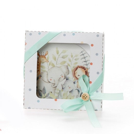 Μπομπονιέρα βάπτισης ξύλινο σουβέρ σε χάρτινο κουτάκι με σχέδιο ζωάκια Model: ΣΡΒ-314