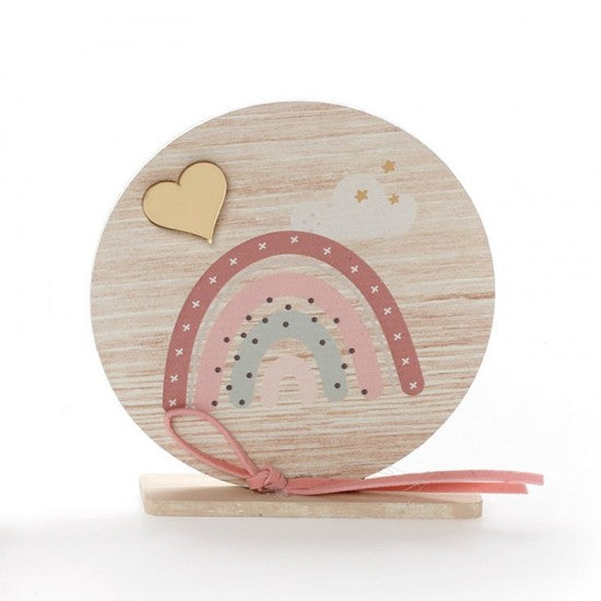 Μπομπονιέρα βάπτισης ξύλινο στρογγυλό καδράκι με βάση σχέδιο ουράνιο τόξο Model:ΚΒΤ-357