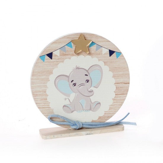 Μπομπονιέρα βάπτισης ξύλινο στρογγυλό καδράκι με βάση σχέδιο ελεφαντάκι Model:ΚΒΤ-364