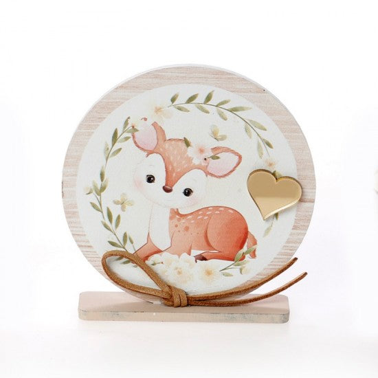 Μπομπονιέρα βάπτισης ξύλινο στρογγυλό καδράκι με βάση σχέδιο ελαφάκι Model:ΚΒΤ-367