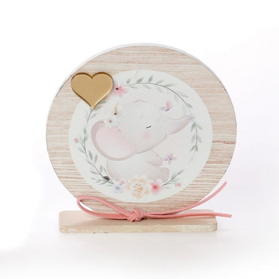 Μπομπονιέρα βάπτισης ξύλινο στρογγυλό καδράκι με βάση σχέδιο ελεφαντάκι Model:ΚΒΤ-369