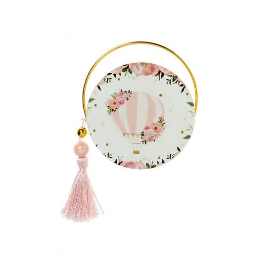 Μπομπονιέρα στρογγυλό εκτυπωμένο ξύλο και χρυσό στεφανάκι με Θέμα Αερόστατο Model:Α-4