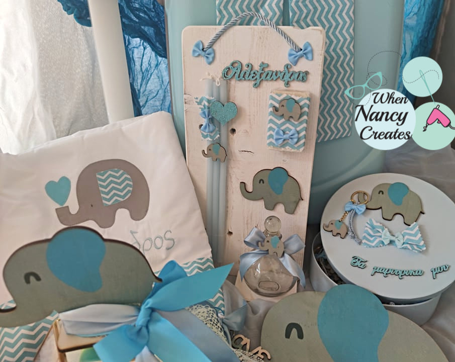 Πακέτο βάφτισης με θέμα ελεφαντάκι για δίδυμα