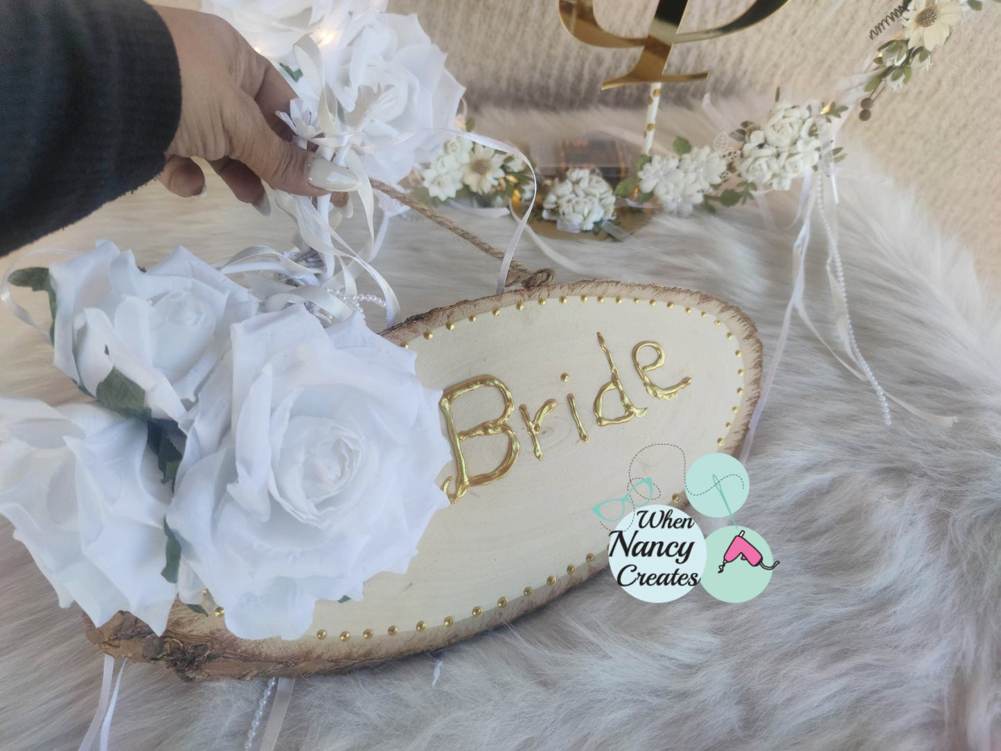 Ξύλινη ταμπέλα bride από φλοιό ξύλου