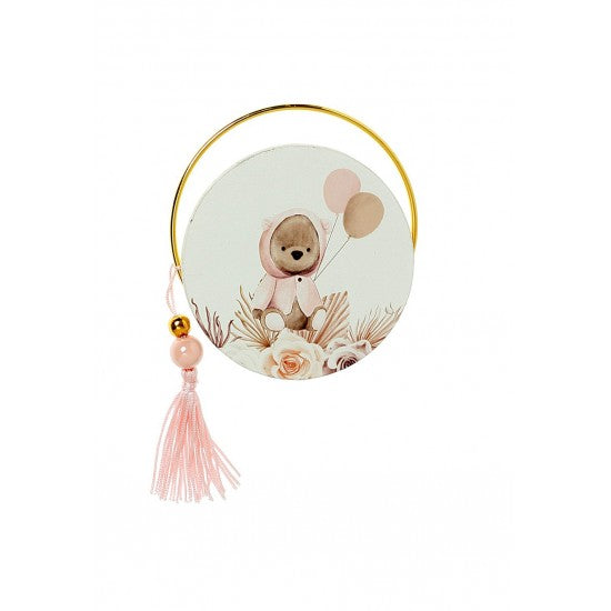 Μπομπονιέρα στρογγυλό εκτυπωμένο ξύλο και χρυσό στεφανάκι με Θέμα αρκουδάκι Model:Α-5