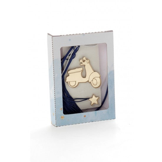 Μπομπονιέρα χάρτινό κουτάκι με αρωματική βάση και χρυσό πλεξιγκλάς μπρελόκ σχέδιο βέσπα Model:Ι-5