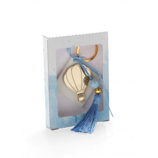 Μπομπονιέρα χάρτινό κουτάκι με αρωματική βάση ρόμβος και χρυσό πλεξιγκλάς μπρελόκ σχέδιο αερόστατο Model:Κ-5