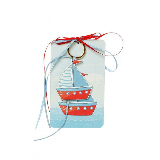 Μπομπονιέρα με ξύλινη πλάτη και μπρελόκ με σχέδιο καραβάκι Model:Η-6