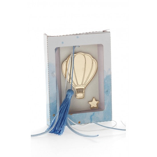 Μπομπονιέρα χάρτινό κουτάκι με αρωματική βάση και χρυσό πλεξιγκλάς μπρελόκ σχέδιο αερόστατο Model:Ι-6