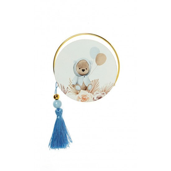Μπομπονιέρα στρογγυλό εκτυπωμένο ξύλο και χρυσό στεφανάκι με Θέμα αρκουδάκι Model:Α-6