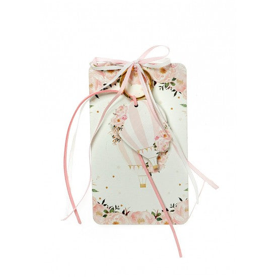 Μπομπονιέρα με ξύλινη πλάτη και μπρελόκ με σχέδιο αερόστατο ροζ Model:Η-7