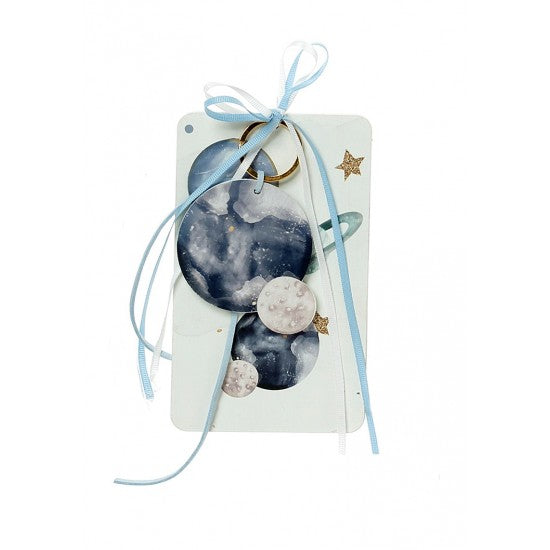 Μπομπονιέρα με ξύλινη πλάτη και μπρελόκ με σχέδιο πλανήτες Model:Η-8