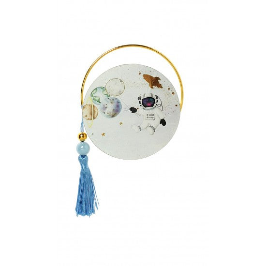 Μπομπονιέρα στρογγυλό εκτυπωμένο ξύλο και χρυσό στεφανάκι με Θέμα διάστημα Model:Α-8