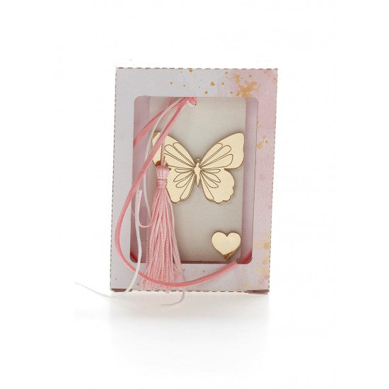 Μπομπονιέρα χάρτινό κουτάκι με αρωματική βάση και χρυσό πλεξιγκλάς μπρελόκ σχέδιο πεταλούδα Model:Ι-8