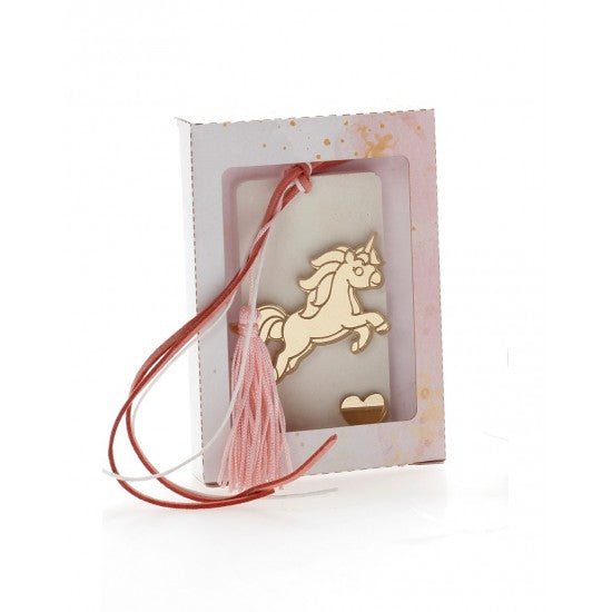 Μπομπονιέρα χάρτινό κουτάκι με αρωματική βάση και χρυσό πλεξιγκλάς μπρελόκ σχέδιο μονόκερος Model:Ι-9