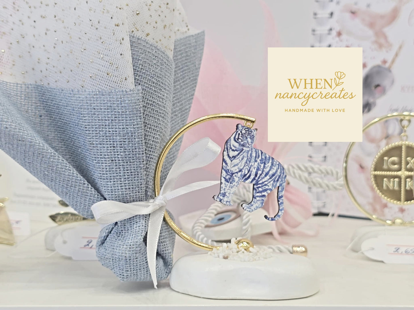 Μπομπονιέρα Βάφτισης βότσαλο Blue Toile Animal