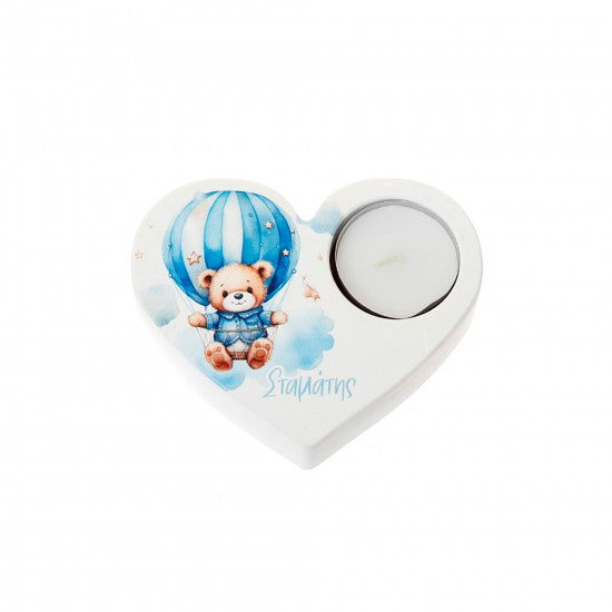 Μπομπονιέρα χειροποίητη κεραμική καρδιά με θέση για ρεσώ σχέδιο αρκουδάκι Model:ΓΚ-50