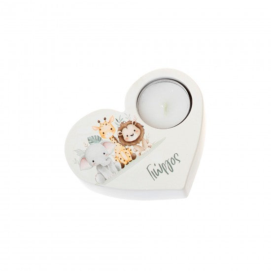 Μπομπονιέρα χειροποίητη κεραμική καρδιά με θέση για ρεσώ σχέδιο ζωάκια σαφάρι Model:ΓΚ-52