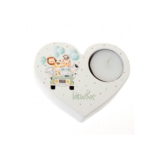 Μπομπονιέρα χειροποίητη κεραμική καρδιά με θέση για ρεσώ σχέδιο ζωάκια σε τζιπ Model:ΓΚ-54