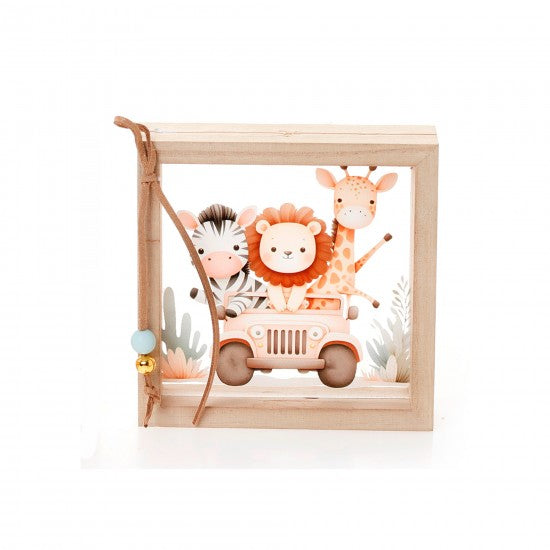 Μπομπονιέρα χειροποίητη ξύλινη κορνίζα με διαφανές plexiglass σχέδιο ζωάκια σαφάρι Model:ΚΠΔ-57