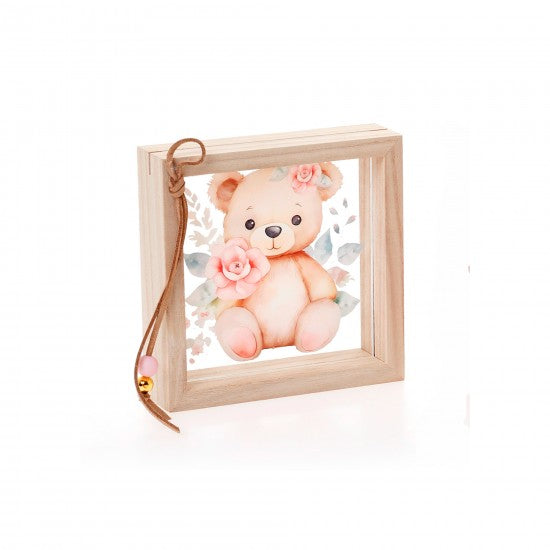 Μπομπονιέρα χειροποίητη ξύλινη κορνίζα με διαφανές plexiglass σχέδιο μαρκουδάκι Model:ΚΠΔ-59