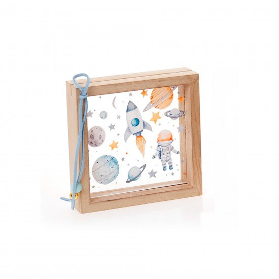 Μπομπονιέρα χειροποίητη ξύλινη κορνίζα με διαφανές plexiglass σχέδιο διάστημα Model:ΚΠΔ-54