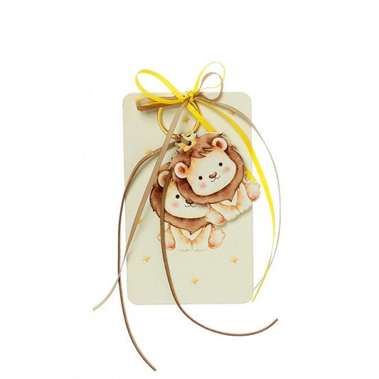 Μπομπονιέρα με ξύλινη πλάτη και μπρελόκ με σχέδιο λιονταράκι Model:Η-12