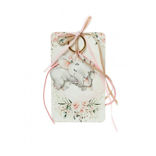 Μπομπονιέρα με ξύλινη πλάτη και μπρελόκ με σχέδιο ελεφαντάκι Model:Η-16