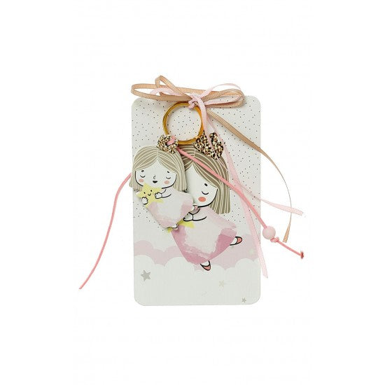 Μπομπονιέρα με ξύλινη πλάτη και μπρελόκ με σχέδιο κοριτσάκι με αστέρι Model:Η-20