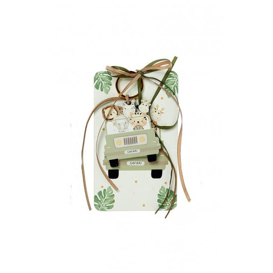 Μπομπονιέρα με ξύλινη πλάτη και μπρελόκ με σχέδιο ζωάκια σαφάρι Model:Η-21