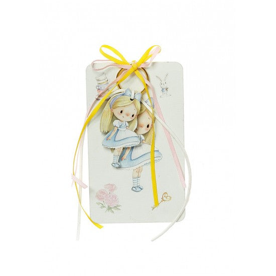 Μπομπονιέρα με ξύλινη πλάτη και μπρελόκ με σχέδιο Αλίκη στη χώρα των θαυμάτων Model:Η-23